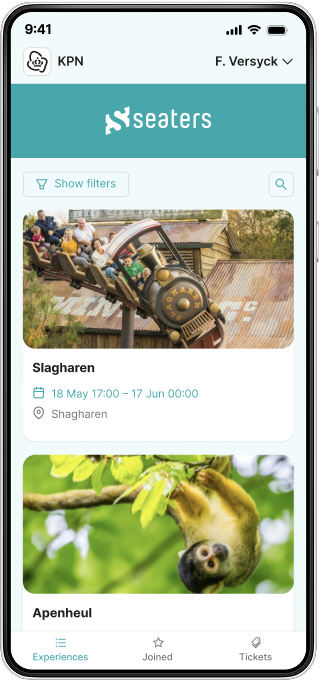 KPN app showing the Seaters experiences list